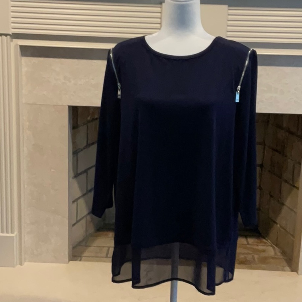 Chaus Navy Blue Blouse with Zipper Accents
